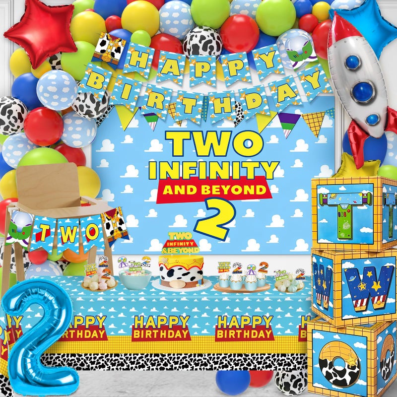 Wakeys Two Infinity and Beyond Birthday Decorations 108 Pcs Toy Inspired Story 2nd Birthday Party Supplies Include Toy Inspired Story Balloon Boxes Banner Balloons Backdrop Cake Topper Tablecloth - Image 3