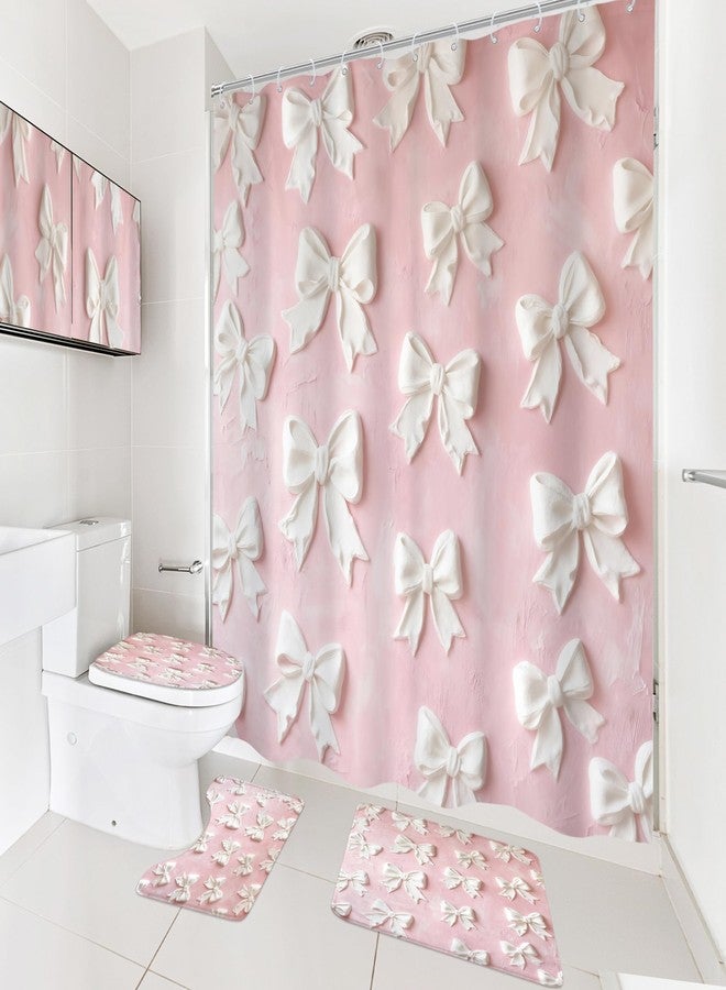 Cinbloo 4Pcs Pink White Bow Shower Curtain Set, Vintage Bowknot Oil Painting Bathroom Curtain with Rug, Toilet Lid Cover, Bath Mat, Girly Fashion Pretty Sweet Modern Shower Curtain with 12 Hooks - Image 4