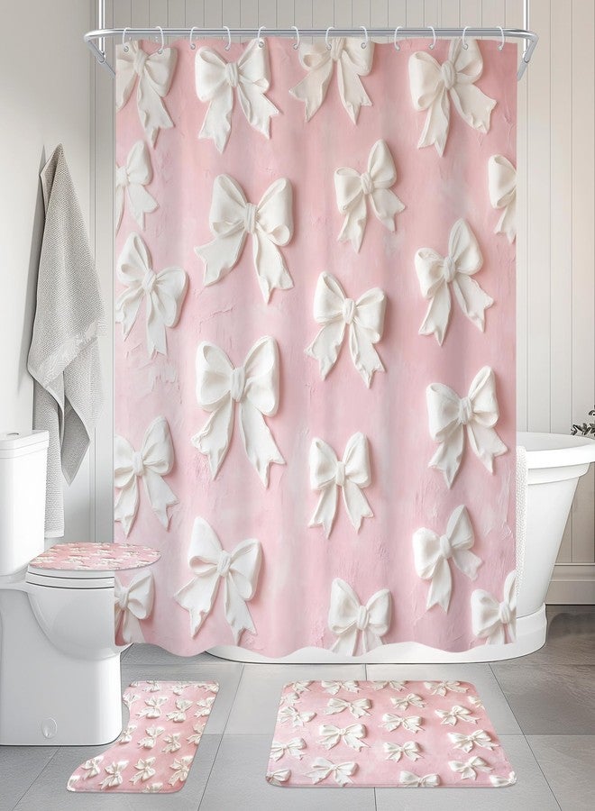 Cinbloo 4Pcs Pink White Bow Shower Curtain Set, Vintage Bowknot Oil Painting Bathroom Curtain with Rug, Toilet Lid Cover, Bath Mat, Girly Fashion Pretty Sweet Modern Shower Curtain with 12 Hooks - Image 3