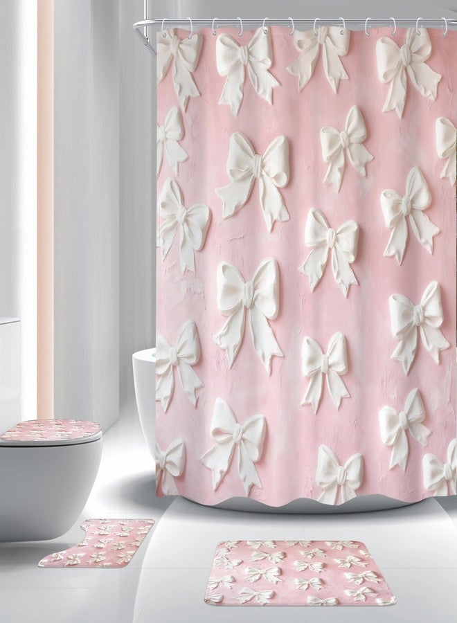 Cinbloo 4Pcs Pink White Bow Shower Curtain Set, Vintage Bowknot Oil Painting Bathroom Curtain with Rug, Toilet Lid Cover, Bath Mat, Girly Fashion Pretty Sweet Modern Shower Curtain with 12 Hooks - Image 1