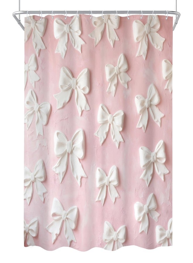 Cinbloo 4Pcs Pink White Bow Shower Curtain Set, Vintage Bowknot Oil Painting Bathroom Curtain with Rug, Toilet Lid Cover, Bath Mat, Girly Fashion Pretty Sweet Modern Shower Curtain with 12 Hooks - Image 5