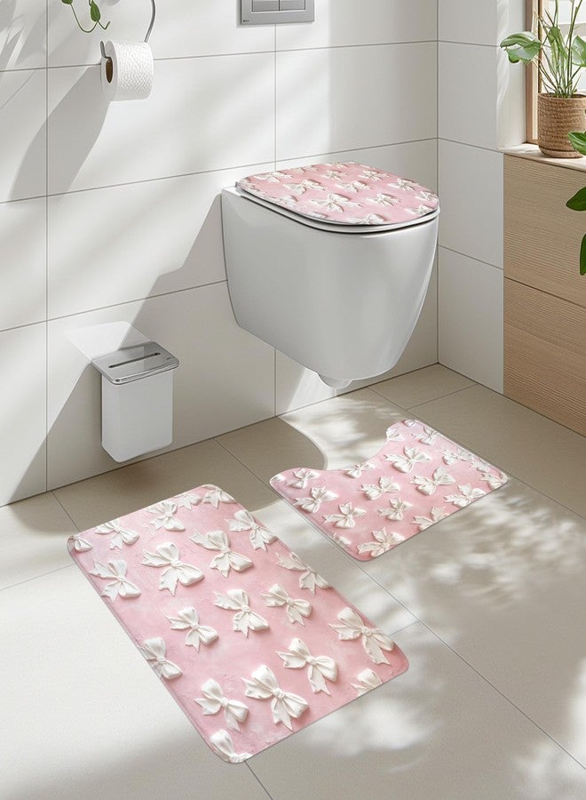 Cinbloo 4Pcs Pink White Bow Shower Curtain Set, Vintage Bowknot Oil Painting Bathroom Curtain with Rug, Toilet Lid Cover, Bath Mat, Girly Fashion Pretty Sweet Modern Shower Curtain with 12 Hooks - Image 2