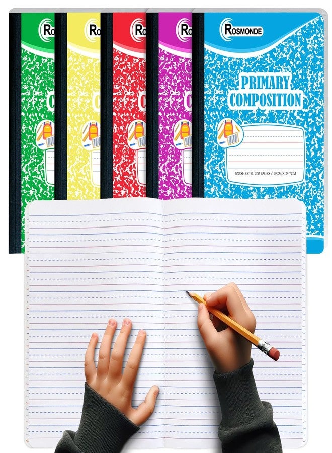 Rosmonde Composition Notebooks Primary Ruled 5 Pack, 200 Pages (100 Sheets), Color Marble Composition Notebook, Sewn Binding Hard Cover, Primary Composition Notebook for Kids, Writing Dotted Lined - Image 1