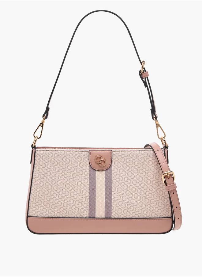 سيليست Monogram Print Crossbody Bag with Detachable Strap and Zip Closure