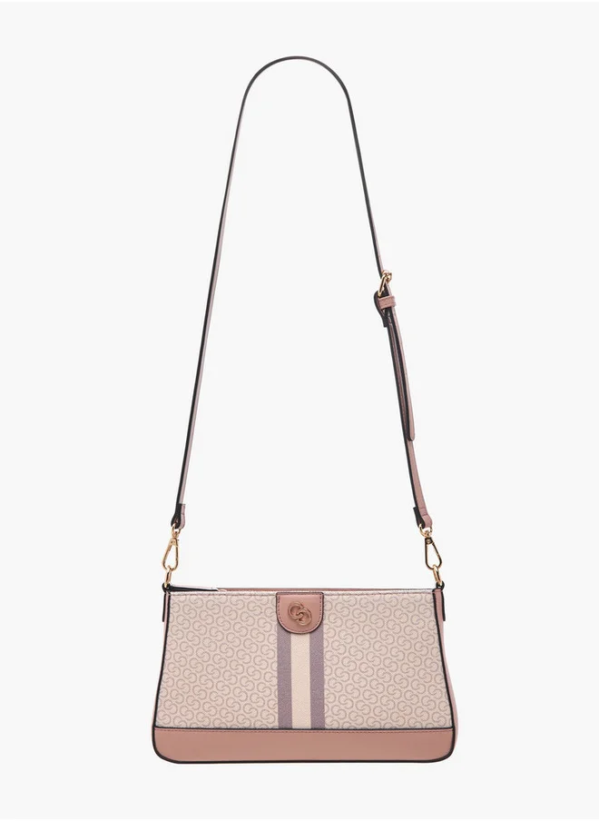 سيليست Monogram Print Crossbody Bag with Detachable Strap and Zip Closure
