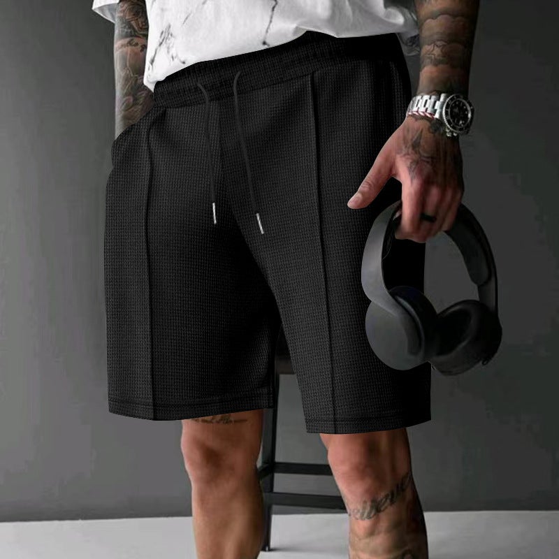 Cross-border Summer New Waffle Loose Straight Shorts Mens Fashionable All-match Hip-hop Breathable Shorts Black - Image 3