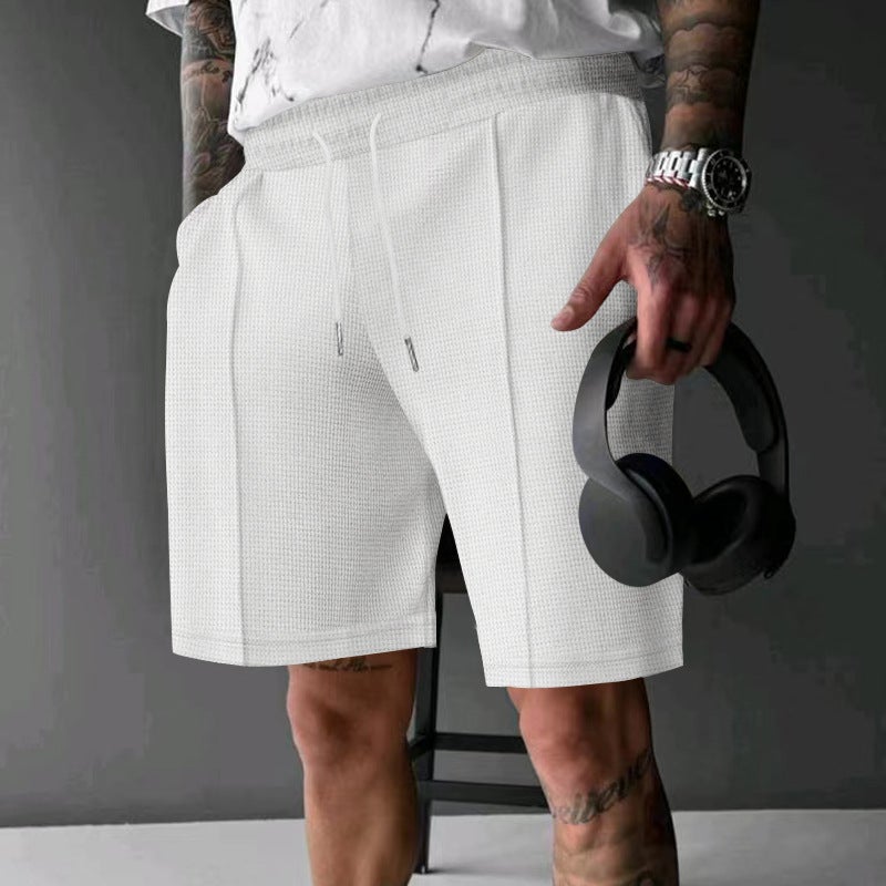 Cross-border Summer New Waffle Loose Straight Shorts Mens Fashionable All-match Hip-hop Breathable Shorts Black - Image 1