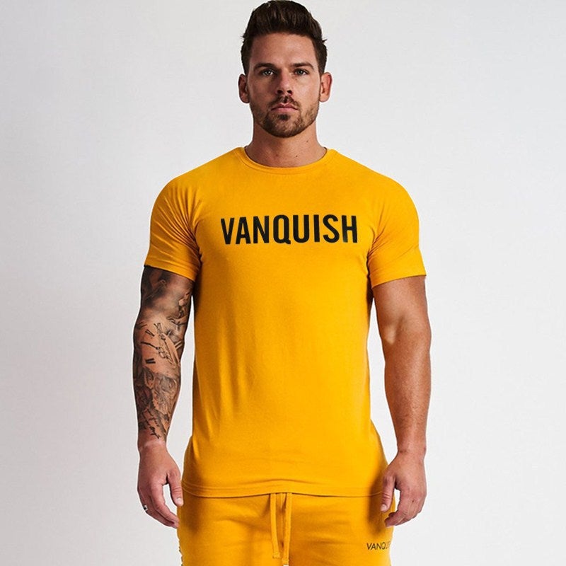 Summer New Fitness Sports Casual Short-Sleeved Running Sweat-Absorbent Tight Cotton T-Shirt Dropshipping Yellow