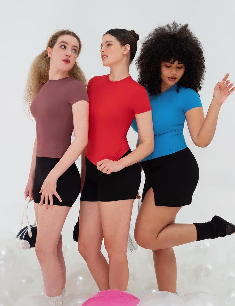 PUMIEY Women's Crew Neck Basic Tops Slim Fit Short Sleeve T Shirts Summer Crop Tops, Ruby Medium - Image 3