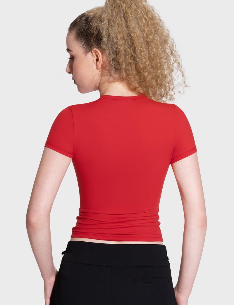 PUMIEY Women's Crew Neck Basic Tops Slim Fit Short Sleeve T Shirts Summer Crop Tops, Ruby Medium - Image 5