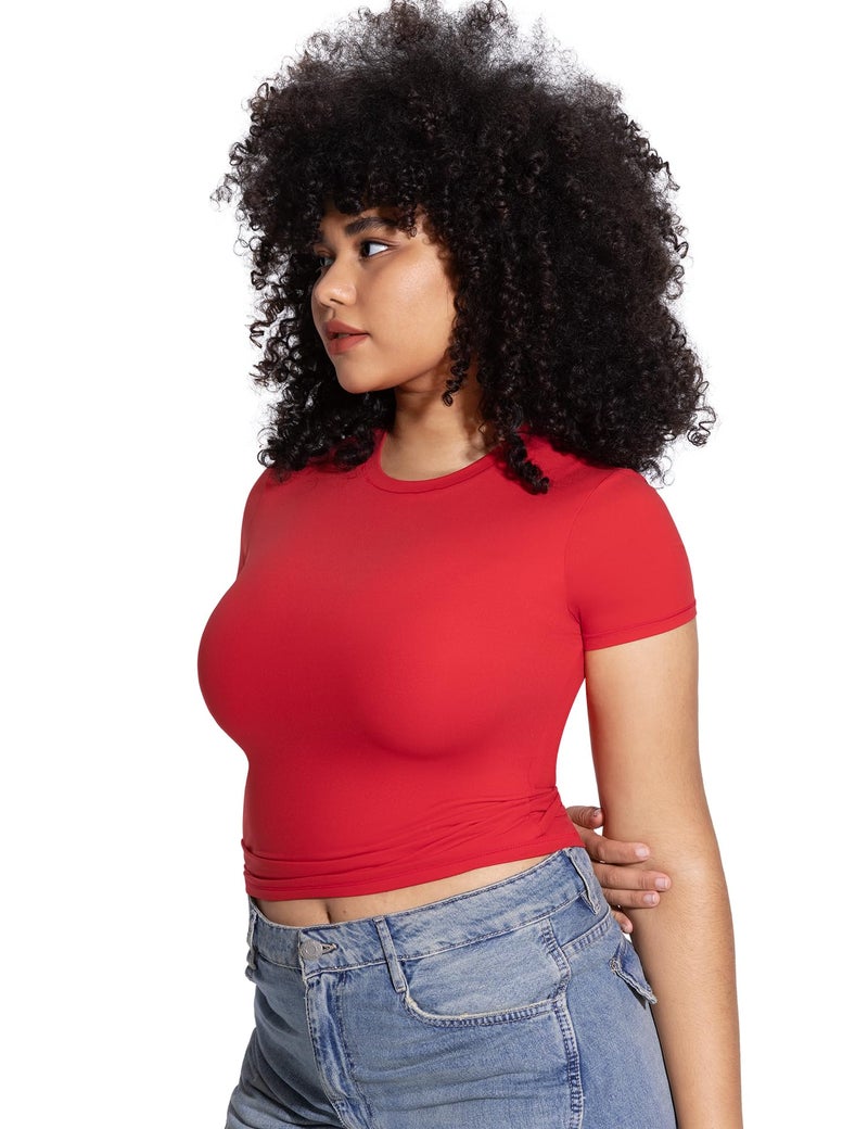 PUMIEY Women's Crew Neck Basic Tops Slim Fit Short Sleeve T Shirts Summer Crop Tops, Ruby Medium - Image 2