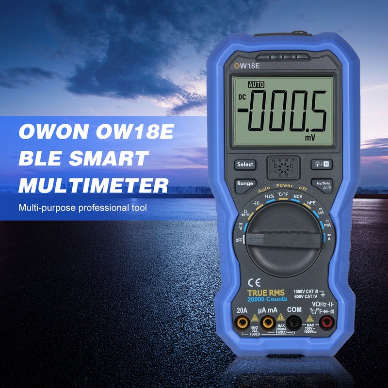 مقياس كتروني ذكي OWON OW18E ب 4 و 1/2 رقم ومدمج بتقنية BLE 4.0 (الاتصال اللاسلكي بلوتوث) - مقياس رقمي بدقة عالية True RMS بشاشة LCD، يتميز بالاتصال اللاسلكي وتسجيل البيانات والتعديل التلقائي للنطاق، قادر على قياس الجهد التيار المستمر/المتردد والمقاومة والسعة والتردد ونسبة الحمل والكشف عن الجهد المتناوب غير الموصوف (NCV) ودرجة الحرارة (مقياس متعدد الوظائف) - Image 4