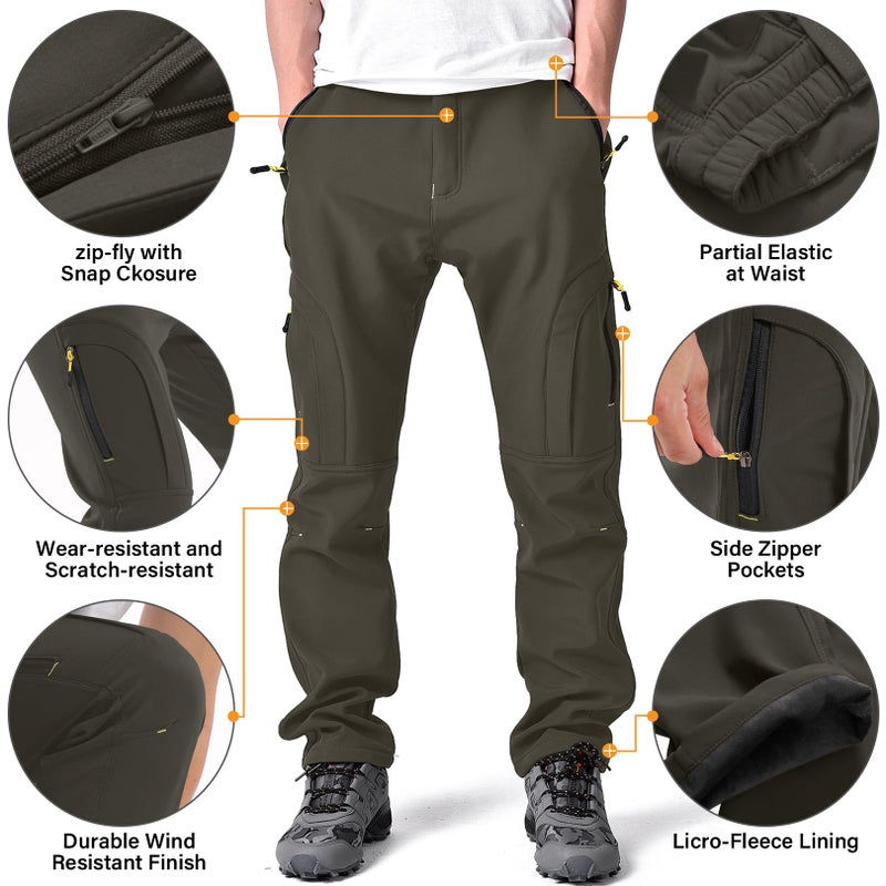 Toomett Men's Snow Pants Skiing Winter Insulated Soft Shell Outdoor Fleece Lined Hiking Pants with Zipper Pockets,MH4409,earth tone,40 - Image 4