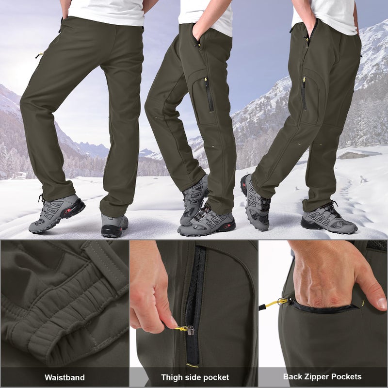 Toomett Men's Snow Pants Skiing Winter Insulated Soft Shell Outdoor Fleece Lined Hiking Pants with Zipper Pockets,MH4409,earth tone,40 - Image 3