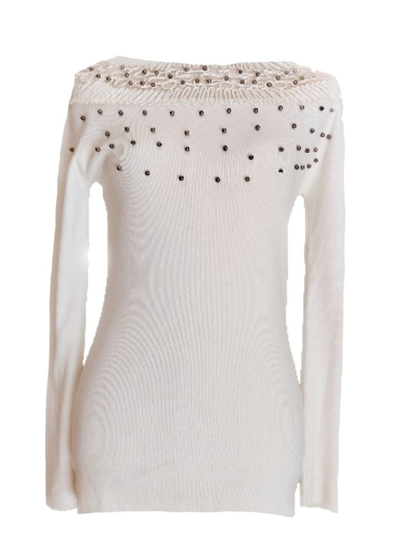 Women white pullover with neck lace embroidery - Image 3