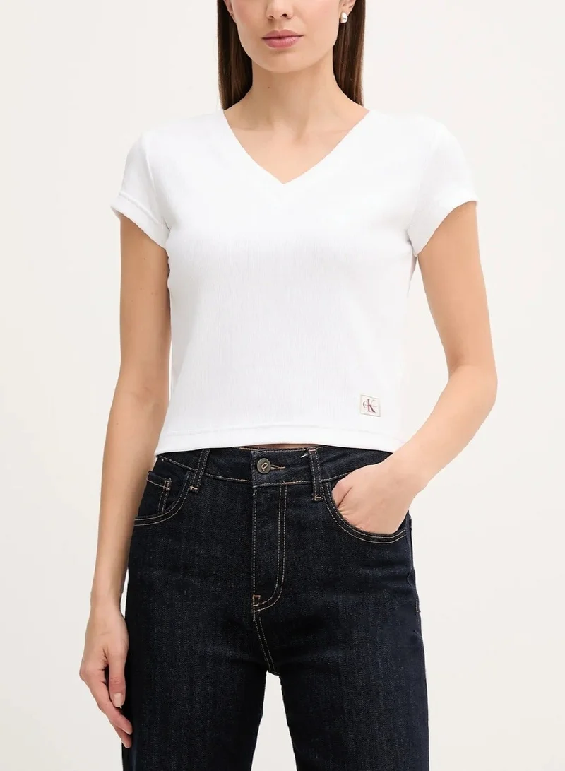 Calvin Klein Jeans  Slim Ribbed Cotton V-neck T-shirt for Women | Best Price UAE