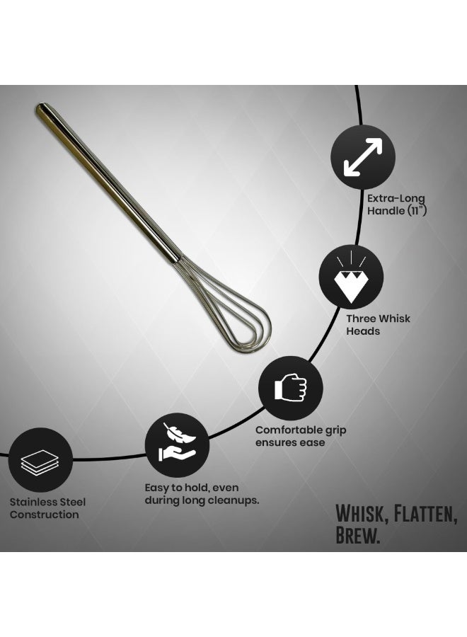 راتلوير Rattleware 11” Long Handle Silver Stainless-Steel Espresso Flat Whisk – Premium Quality Barista Tool for Clump-Free Mixing, Perfect for Espresso Making, essential for coffee whisking, barista tools, and coffee shop essentials. - Image 4