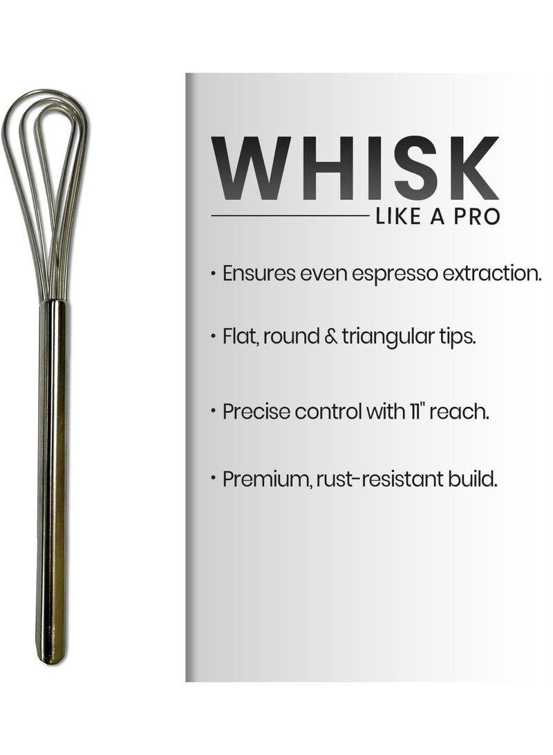 راتلوير Rattleware 11” Long Handle Silver Stainless-Steel Espresso Flat Whisk – Premium Quality Barista Tool for Clump-Free Mixing, Perfect for Espresso Making, essential for coffee whisking, barista tools, and coffee shop essentials. - Image 3