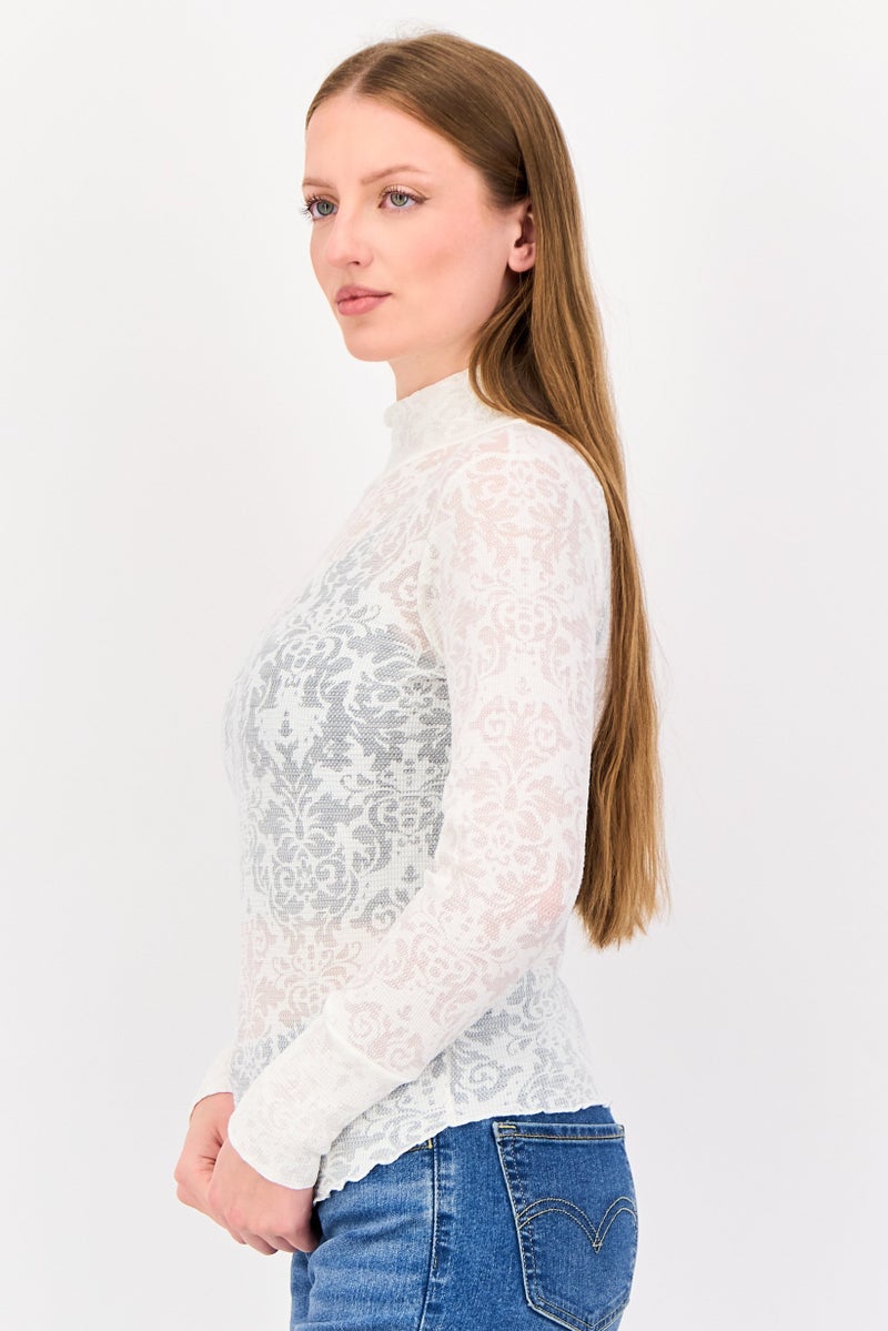 POOF Women Mock Neck Long Sleeve Floral Pattern Top, White - Image 4
