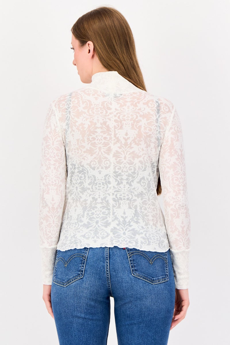 POOF Women Mock Neck Long Sleeve Floral Pattern Top, White - Image 2