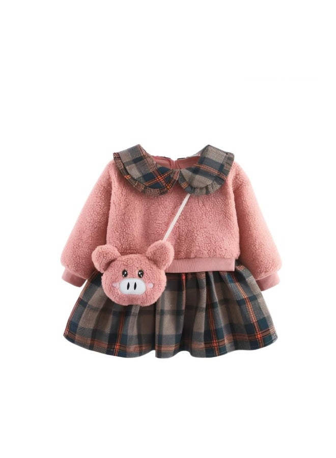 MiniMe Baby Girls’ Sherpa Fleece Top & Plaid Skirt Winter Set with Piggy Bag | 18‑24 Months | Blush Pink & Dark Plaid | Warm, Cozy & Machine Washable | Perfect for Photos, Birthdays & Holiday Outings - Image 1