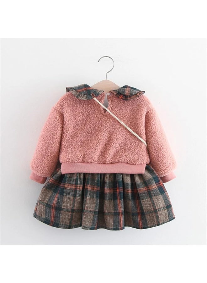 MiniMe Baby Girls’ Sherpa Fleece Top & Plaid Skirt Winter Set with Piggy Bag | 18‑24 Months | Blush Pink & Dark Plaid | Warm, Cozy & Machine Washable | Perfect for Photos, Birthdays & Holiday Outings - Image 3