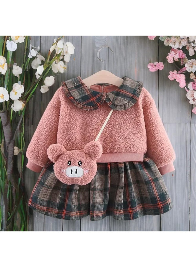 MiniMe Baby Girls’ Sherpa Fleece Top & Plaid Skirt Winter Set with Piggy Bag | 18‑24 Months | Blush Pink & Dark Plaid | Warm, Cozy & Machine Washable | Perfect for Photos, Birthdays & Holiday Outings - Image 2
