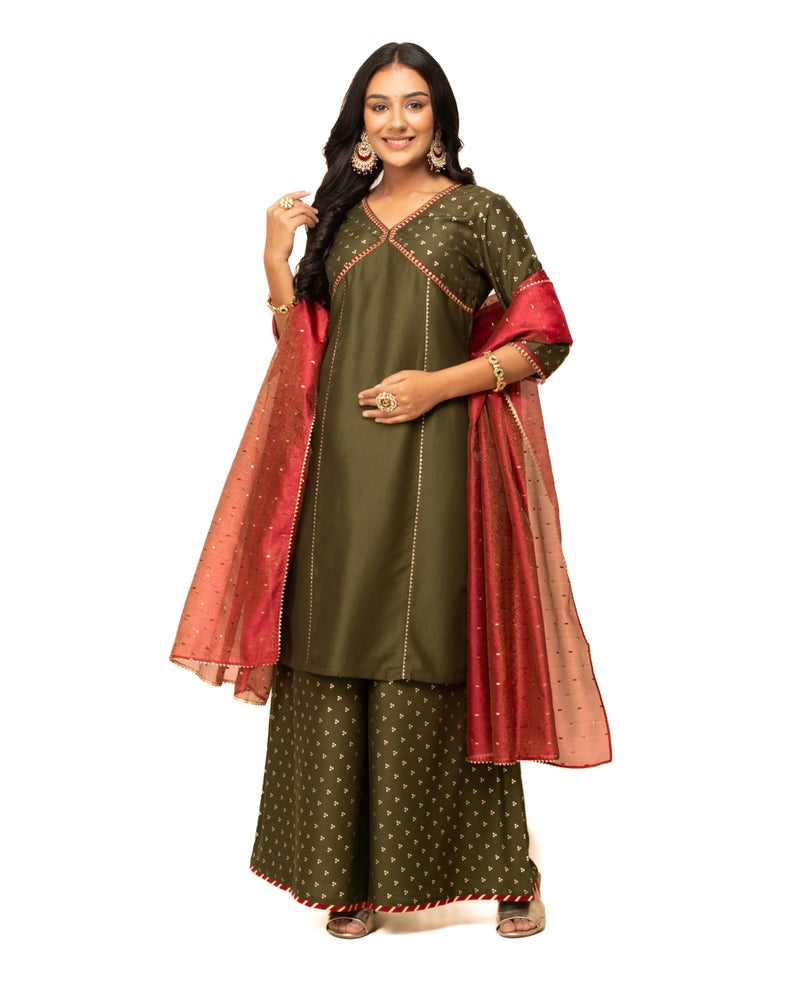 FIORRA Women's Green Silk Blend Straight Kurta with Palazzo and Dupatta SET0124 - Image 1