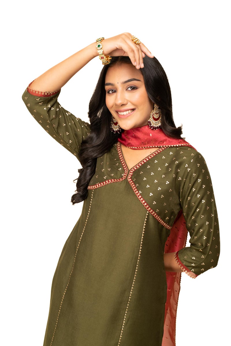 FIORRA Women's Green Silk Blend Straight Kurta with Palazzo and Dupatta SET0124 - Image 5