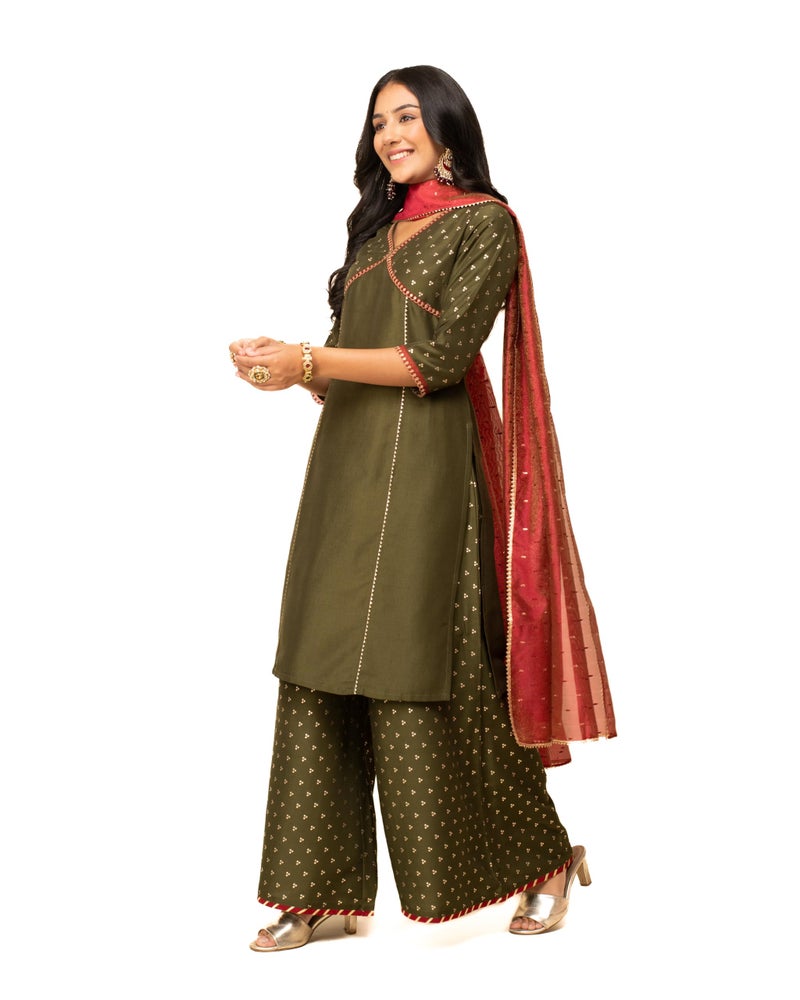 FIORRA Women's Green Silk Blend Straight Kurta with Palazzo and Dupatta SET0124 - Image 2