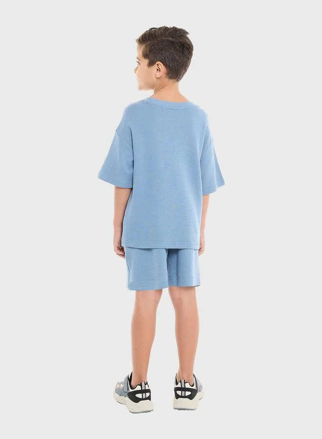 victor and jane Victor And Jane Boys Blue Textured Oversized T-Shirt and Shorts Set