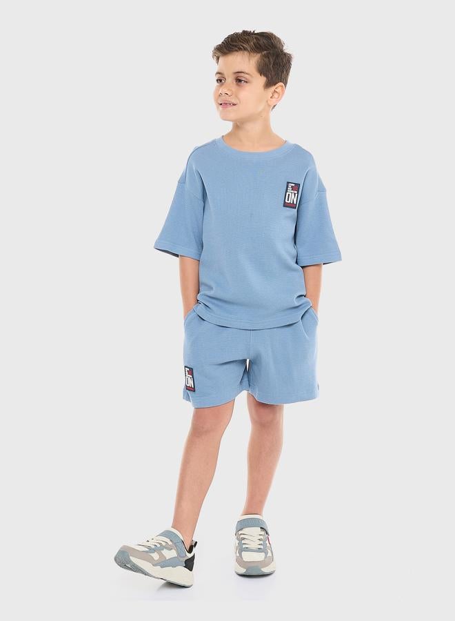 victor and jane Boys Blue Textured Oversized T-Shirt And Shorts Set - Image 1