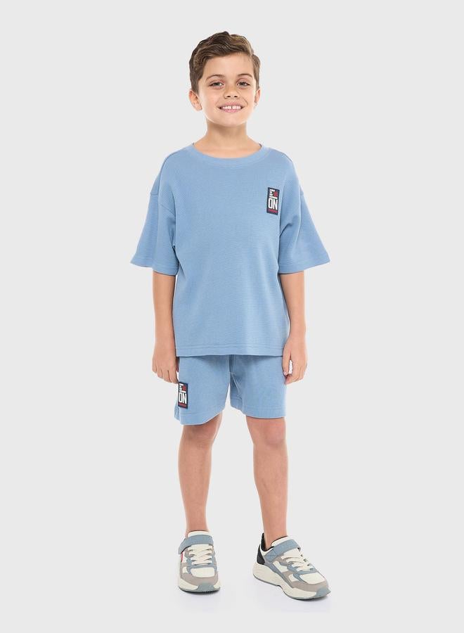 victor and jane Boys Blue Textured Oversized T-Shirt And Shorts Set - Image 5