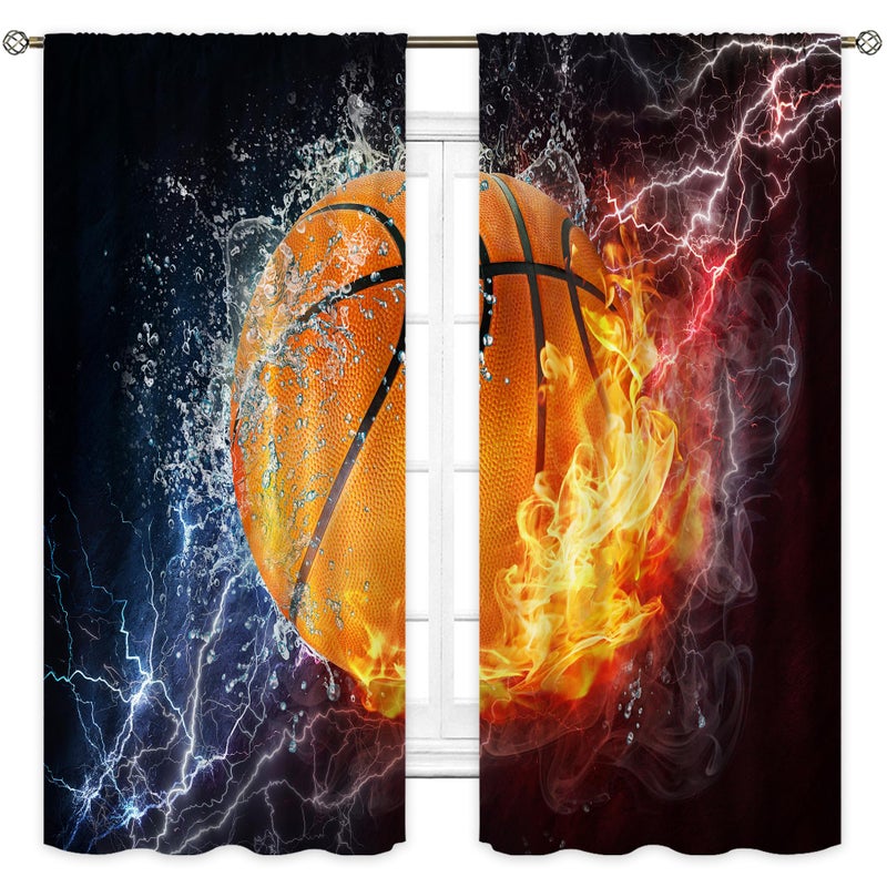 Cinbloo Sports Curtains for Boys Bedroom 42W x 63L Inch Rod Pocket Kids Basketball Curtains Cool Basketball Wall Art for Men Abstract Flame Decor Teenagers Living Room Window Drapes Fabric 2 Panels