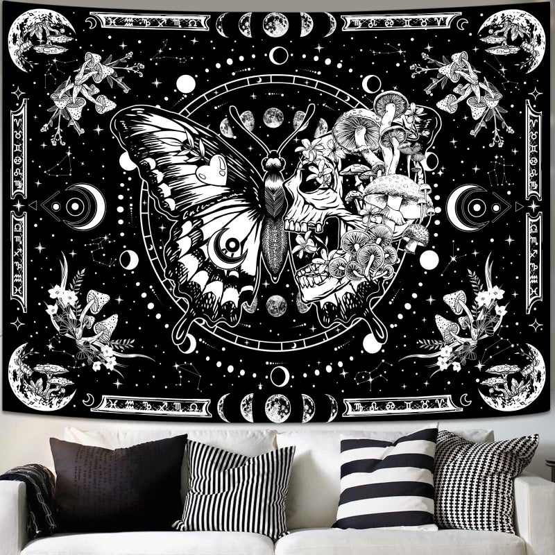 Fungarth Skeleton Butterfly Tapestry Black and White Skull Mushroom Plants Tapestries Hippie Aesthetic Tapestry Wall Hanging for Bedroom Living Room Dorm Black 80 x 60