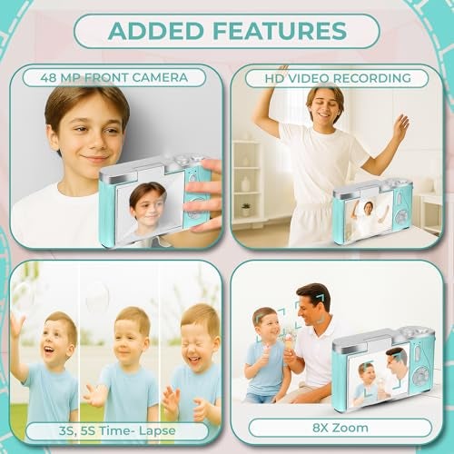Cason 48MP Digital Camera for Kids-Real Photo & Video Mini Camera for Photography 2.4” Rotating Screen, Built in Games Kids Cameras for 5-15 Years Girls & Boys(Supports Upto 64GB Memory) - Image 2