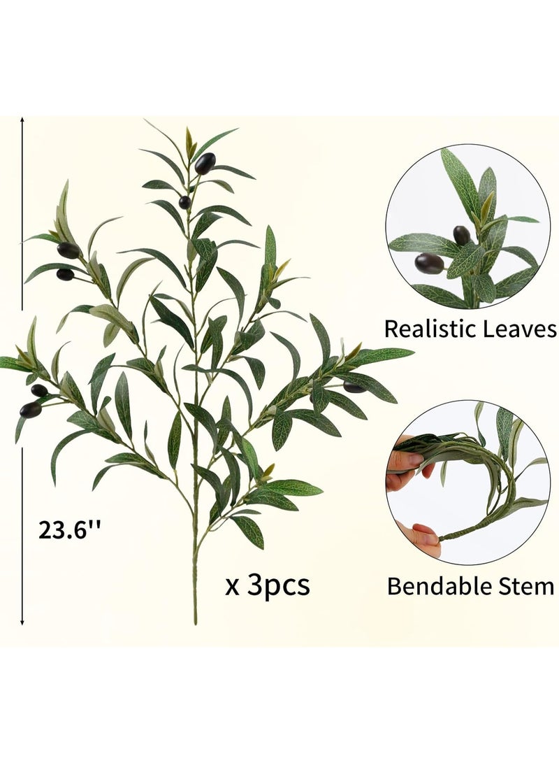 3PCS Faux Olive Branches, 23.6 Inch Artificial Olive Tree Stems, Green Leaves for Vase & Home Decor - Image 3