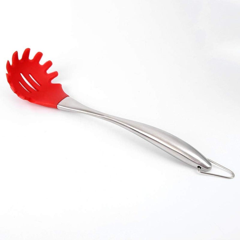 Ramkuwar Silicone Spaghetti Pasta Fork Noodle Serving Spoon with Stainless Steel Handle for Lifting, Draining (Red) - Image 1