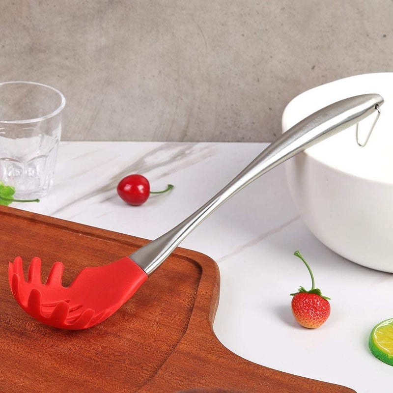 Ramkuwar Silicone Spaghetti Pasta Fork Noodle Serving Spoon with Stainless Steel Handle for Lifting, Draining (Red) - Image 4
