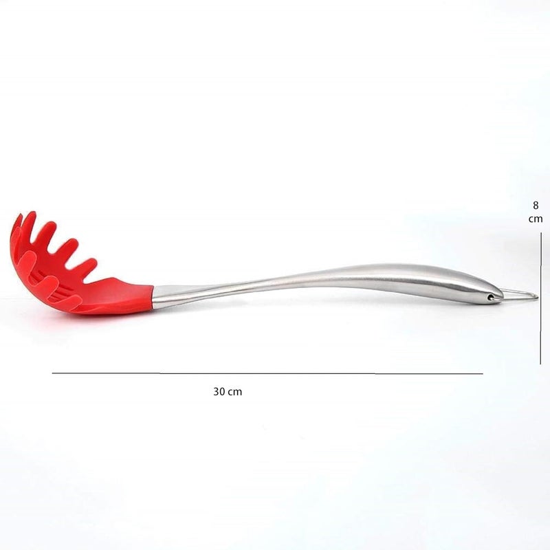 Ramkuwar Silicone Spaghetti Pasta Fork Noodle Serving Spoon with Stainless Steel Handle for Lifting, Draining (Red) - Image 2