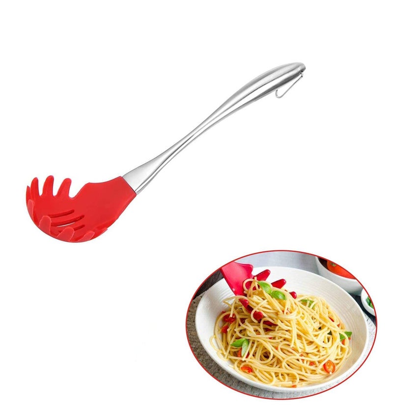 Ramkuwar Silicone Spaghetti Pasta Fork Noodle Serving Spoon with Stainless Steel Handle for Lifting, Draining (Red) - Image 5