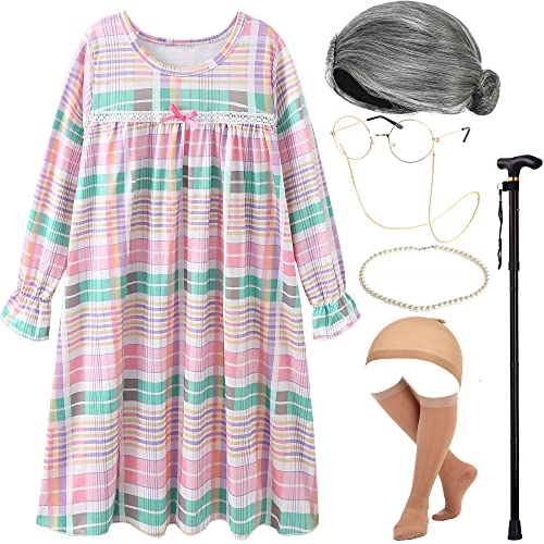 EBYTOP Old Lady Costume for Kids 100th Day of School Costume Wig 100 Year Granny Glasses Grandma Little Old Women Cane Accessories34 Years - Image 1