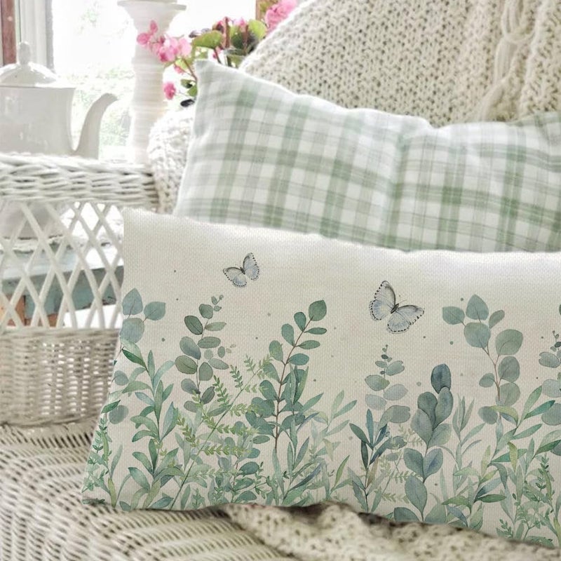 AACORS Spring Pillow Cover 12X20 Inch Eucalyptus Floral Butterfly Decoration Holiday Farmhouse Summer Pillow Case Decor for Home Sofa Couch - Image 2