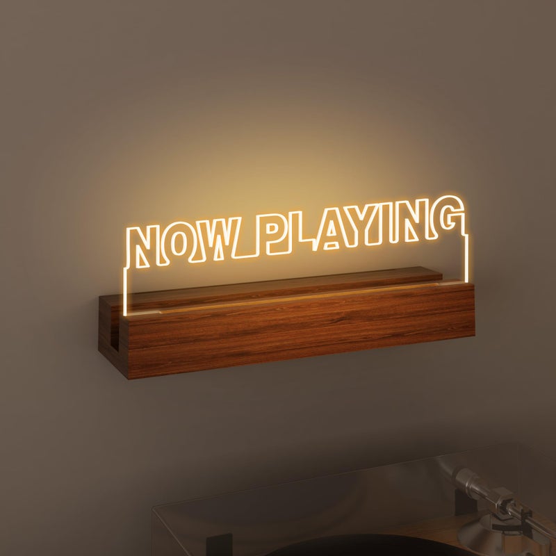 CoolGift Mart Now Playing Vinyl Record Stand Wall Mount Light up Record Holder Wooden Acrylic Display with Warm White Lights for Albums Room Decor for Vinyl Lovers