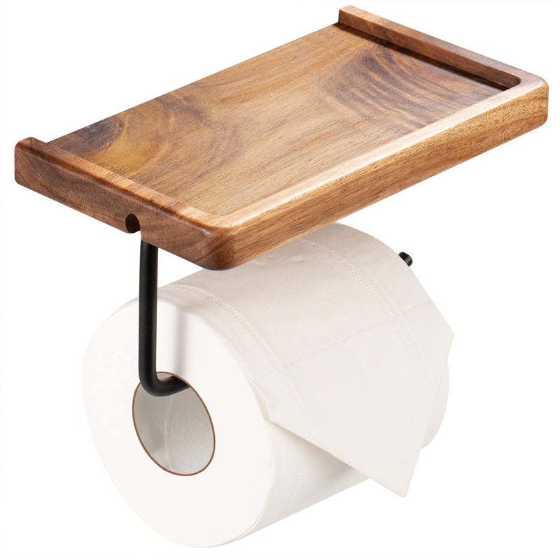 Yangbaga Toilet Paper Holder with Shelf: Wall Mount Bathroom Tissue Roll Storage with Adhesive& Screw, Matte Black Aluminum Alloy Bathroom Accessories Wood Shelf for Phone Wipes - Image 1