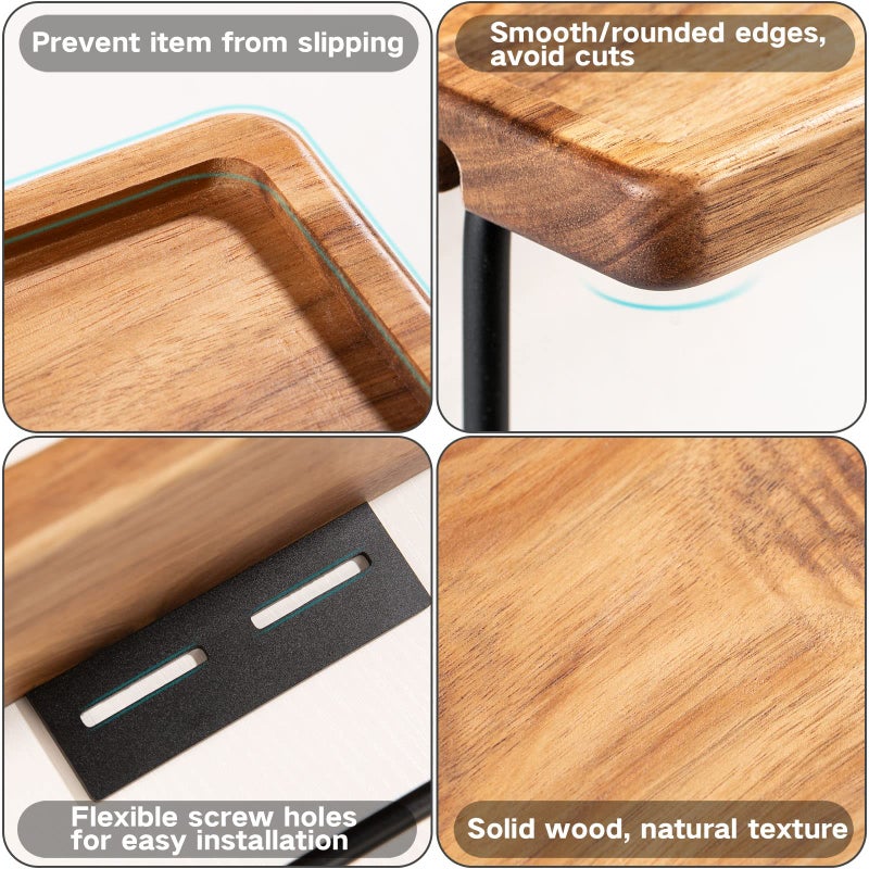 Yangbaga Toilet Paper Holder with Shelf: Wall Mount Bathroom Tissue Roll Storage with Adhesive& Screw, Matte Black Aluminum Alloy Bathroom Accessories Wood Shelf for Phone Wipes - Image 4