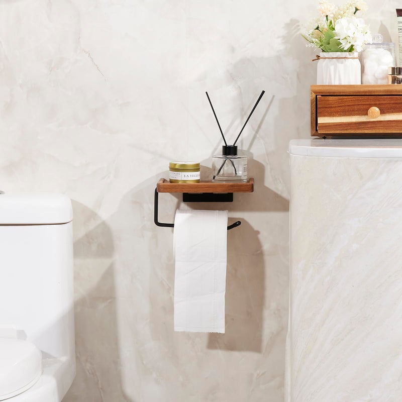 Yangbaga Toilet Paper Holder with Shelf: Wall Mount Bathroom Tissue Roll Storage with Adhesive& Screw, Matte Black Aluminum Alloy Bathroom Accessories Wood Shelf for Phone Wipes - Image 5