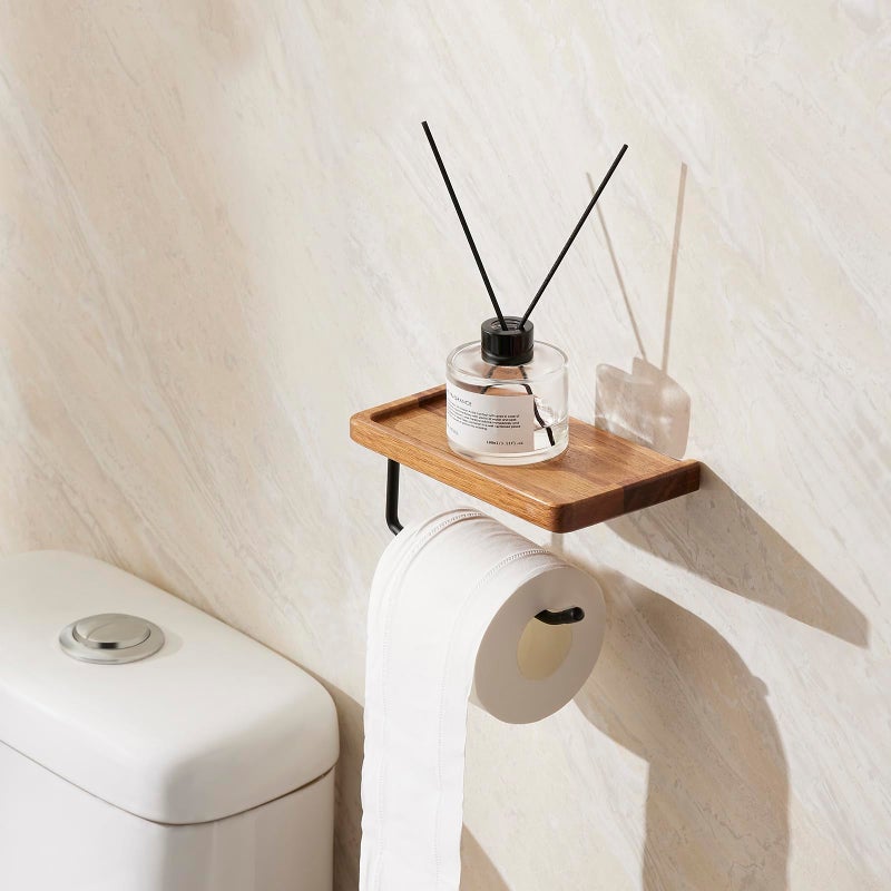 Yangbaga Toilet Paper Holder with Shelf: Wall Mount Bathroom Tissue Roll Storage with Adhesive& Screw, Matte Black Aluminum Alloy Bathroom Accessories Wood Shelf for Phone Wipes - Image 2