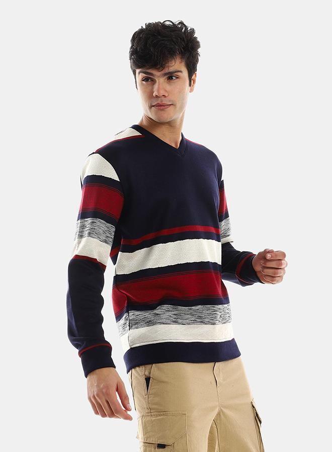 kady Stitched V-Neck Fleeced Pullover - Navy Blue & White - Image 2