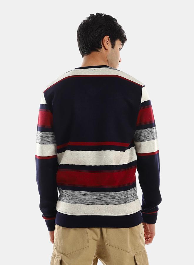 kady Stitched V-Neck Fleeced Pullover - Navy Blue & White - Image 3